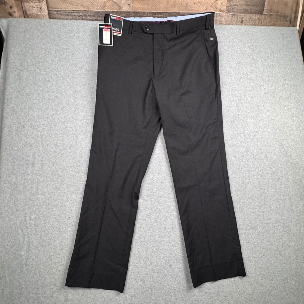 Roundtree & Yorke Dress Pants Mens 34x30 Black Gray TravelSmart Flat Front NEW